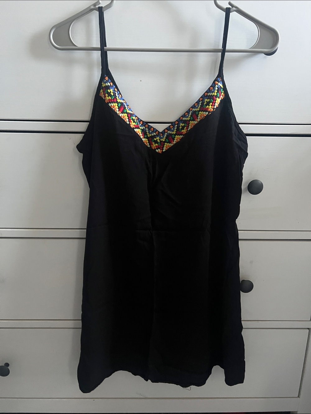 SHEIN Black Mini Dress with Multicolor Embroidered V-Neck